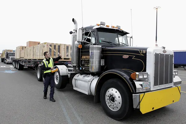 Tractor-trailer stopped for inspection at a U.S. port of entry