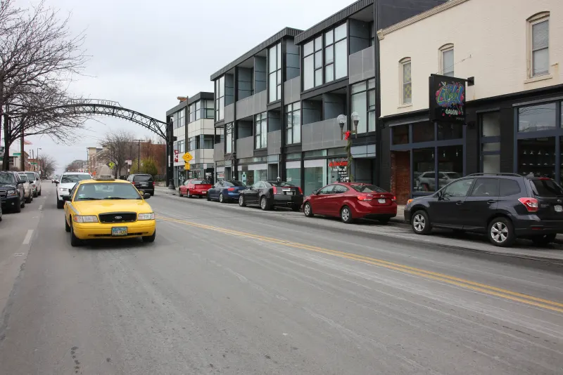 High Street in the Short North district of Columbus, Ohio, with parked cars and an arch spanning the street