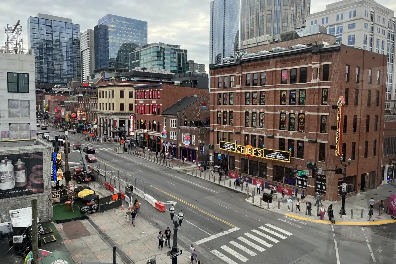 Lower Broadway in downtown Nashville, Tennessee, with crosswalks and traffic lanes seen from above